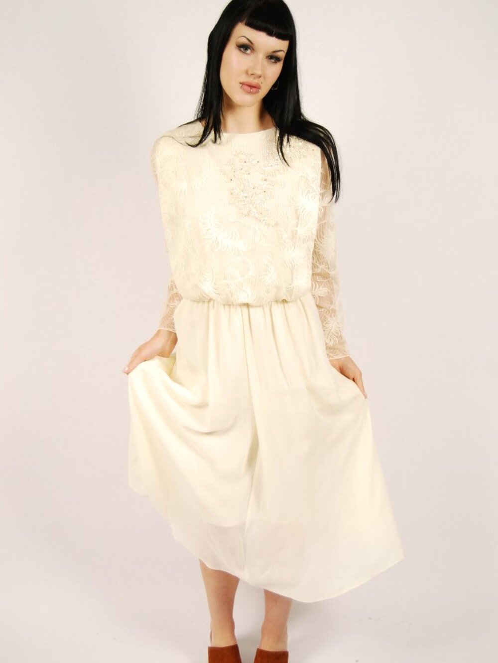 70s Lace Maxi Dress (L) large white vintage womens Ursula of Switzerland bridal